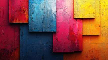 A bold and vibrant abstract background, rendered in the Neo Memphis style, featuring a gritty, textured canvas of grainy lines and vibrant hues. This contemporary art piece, brought to life 