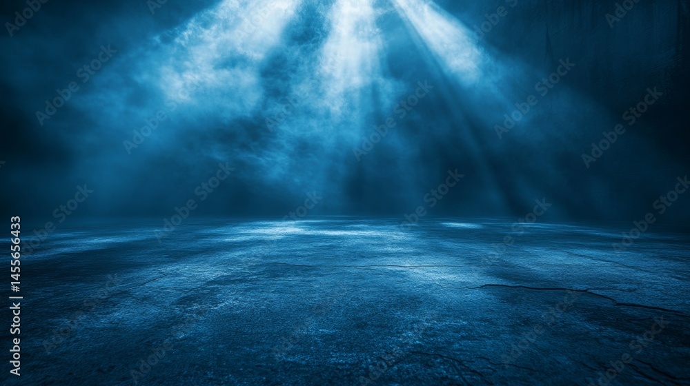 Poster mysterious dark space illuminated by beams of light with a foggy atmosphere creating an ethereal and