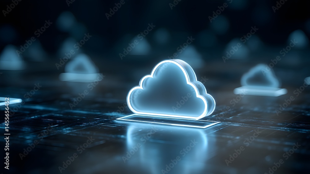 Poster abstract cloud computing holographic illustration of data transmission networks and digital informat