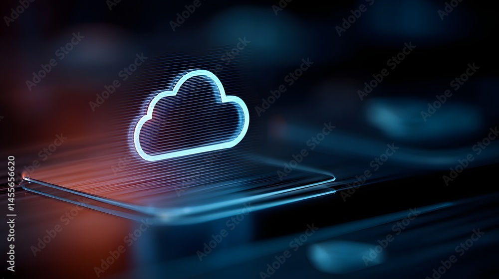 Poster holographic cloud computing concept visual illustration of digital data storage and information tech
