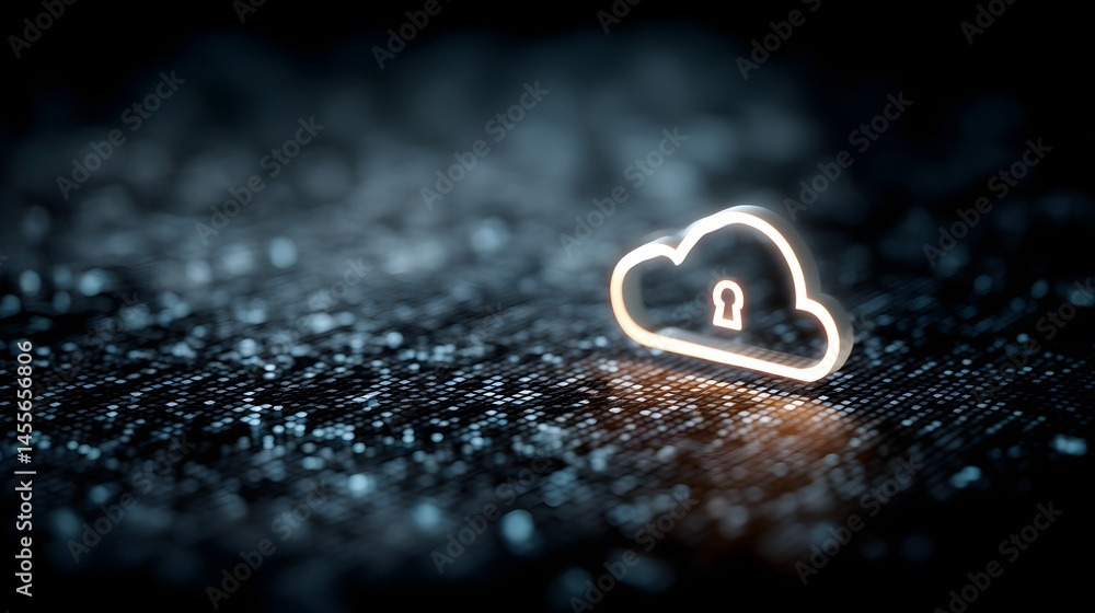 Poster holographic cloudcomputing illustration depicting security in digital information age with safe tech