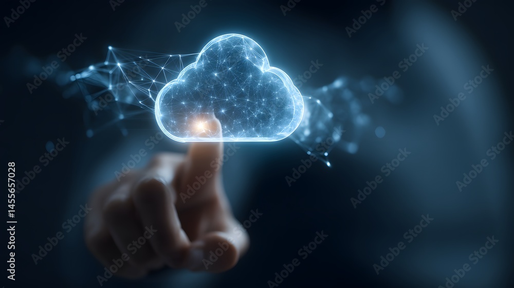 Poster cloud computing concept holographic illustration of hand touching digital cloud icon with network co