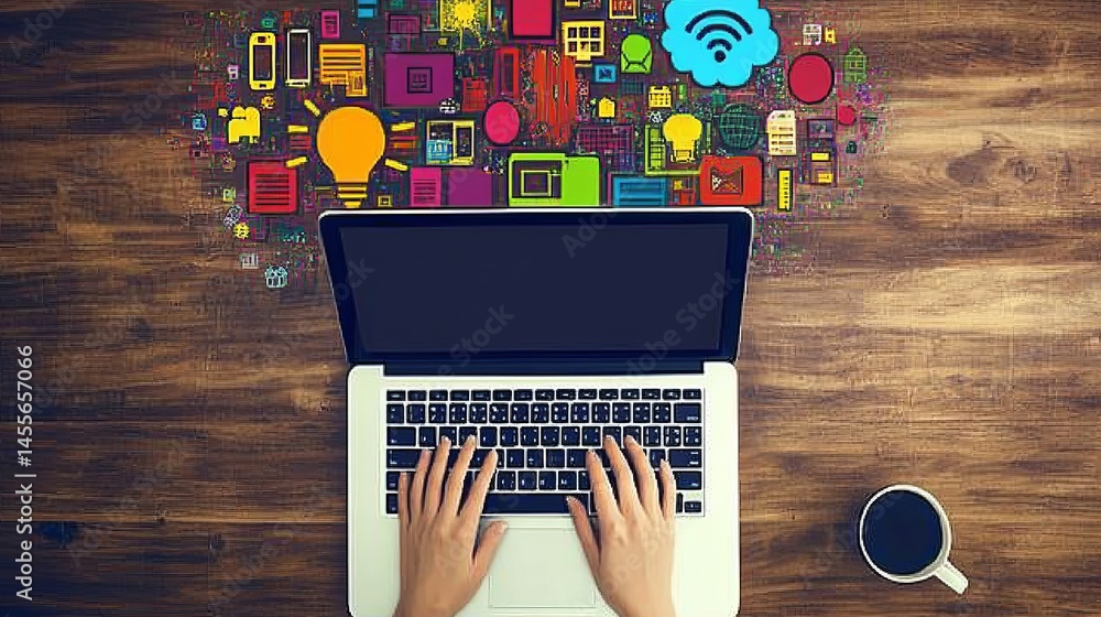 Poster exploring artificial intelligence concepts through digital representations on a laptop screen in a d