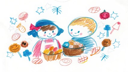 Fototapeta premium Children's crayon drawing of kids with candy, sweets, lollipops and treats art