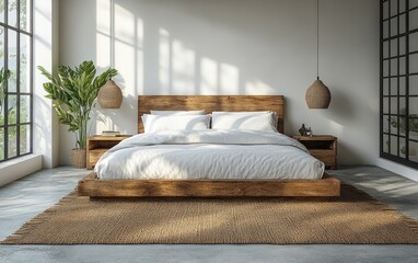 Modern bedroom interior design featuring light and wood.