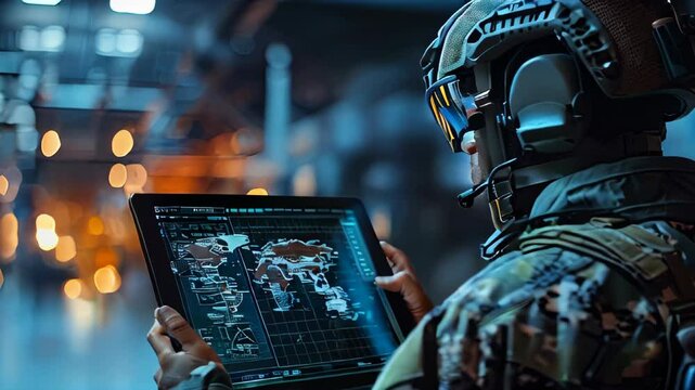 video of Military forces command through a tablet with augmented reality, utilizing AI for internet-based programming control and online coordination of the military team
