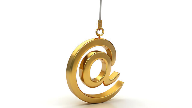 Golden email symbol hanging on shiny fishing hook isolated on white phishing concept