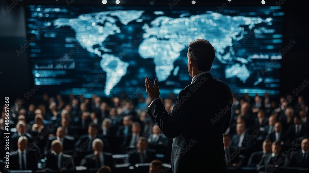 Poster global conference on technology and innovation taking place with a speaker addressing a captivated a