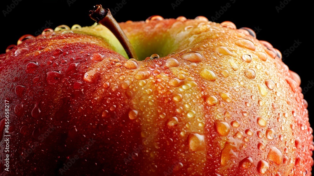 Poster a close-up view highlights a rich red and golden apple adorned with water droplets, resting on a sle