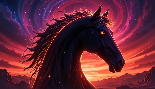 Black Horse Silhouette Against a Galaxy Sky Landscape - Powered by Adobe
