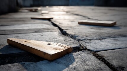 Rustic wooden game pieces are scattered unevenly on a cracked wooden tabletop outdoors, capturing a moment of casual play in natural light