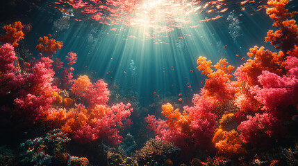 A breathtaking underwater tableau, where the sun's ethereal rays pierce the sapphire depths, casting an enchanting glow upon a vibrant coral garden teeming with life and vibrant colors 