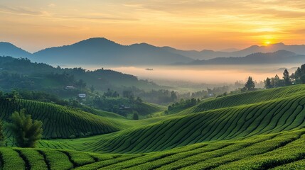 Fototapeta premium Expansive Tea Plantation Landscape at Dawn Surrounded by Misty Mountains and Lush Greenery in a Serene Atmosphere