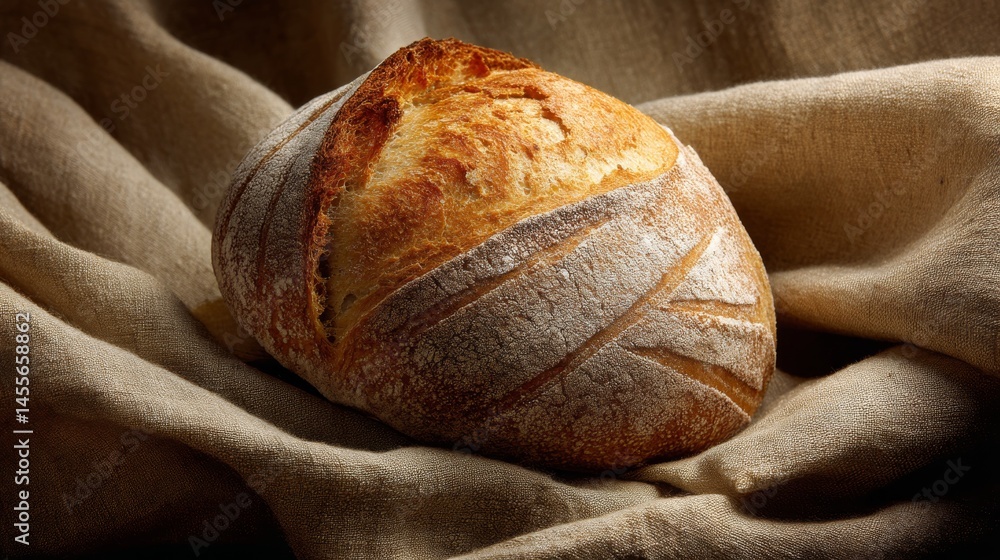 Poster close-up view of a rustic sourdough loaf highlighting its crisp, floured crust against a gently blur