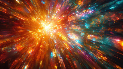 A burst of radiant light explodes from the center of the frame, casting an ethereal glow that bathes the scene in a kaleidoscope of vibrant colors. Rays of light, like shimmering shards of glass, 