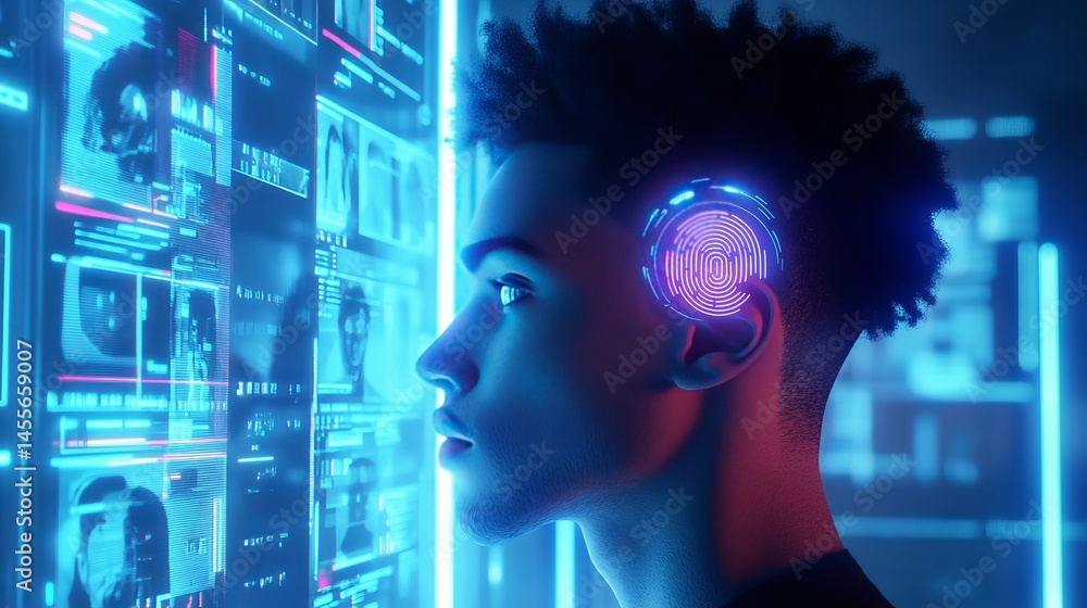 Poster young man interacting with advanced technology displaying facial recognition in a futuristic environ