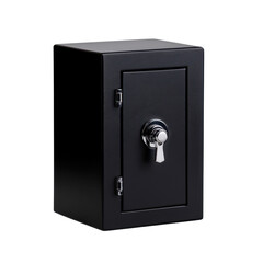 A black safe box featuring a robust lock mechanism set against a white background for security and storage needs.