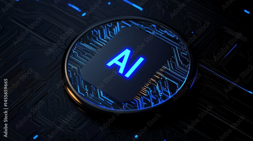 Poster digital circuit board featuring illuminated ai symbol representing advancements in artificial intell