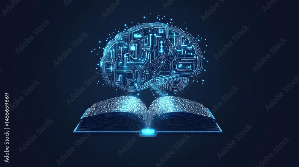 Poster innovative fusion of knowledge and technology featuring a glowing brain over an open book