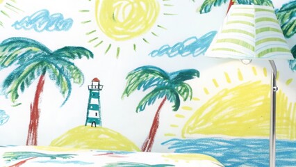 Obraz premium Tropical kids room decor with palm trees, lighthouse and sun crayon drawings