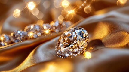 Fototapeta premium Large sparkling diamond on golden satin background