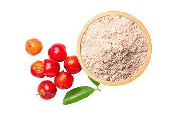 Acerola cherry powder in bowl isolated on white	