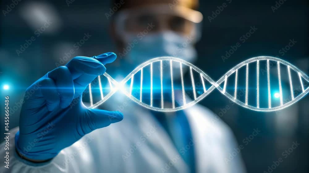Poster scientist examining digital dna strand in a lab environment.