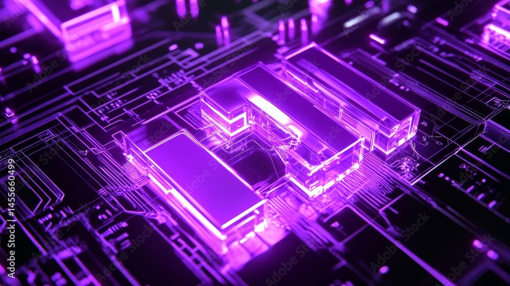 Poster exploring the intricate design of a purple illuminated digital circuit board featuring the letters a