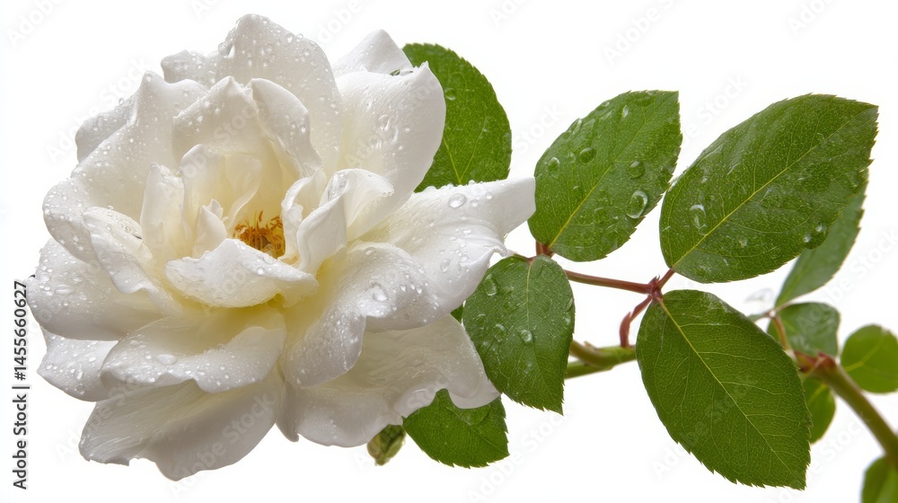 Aufkleber a single white rose adorned with tiny droplets rests on lush green leaves, elegantly displayed again