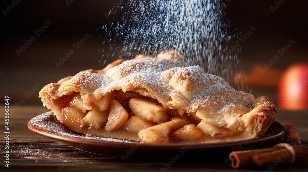 Poster close-up view of a slice of rustic apple tart on a ceramic plate, garnished with a cinnamon stick an