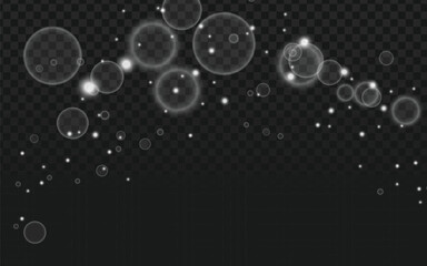 Realistic vector transparent bubbles graphic with highlights. Versatile overlay or design element for water, cleanliness, abstract, or festive themes. Different sizes included.