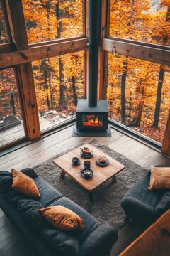 Cozy Cabin Retreat with Fireplace and Autumn Views Enjoying Coffee and Cake in Nature