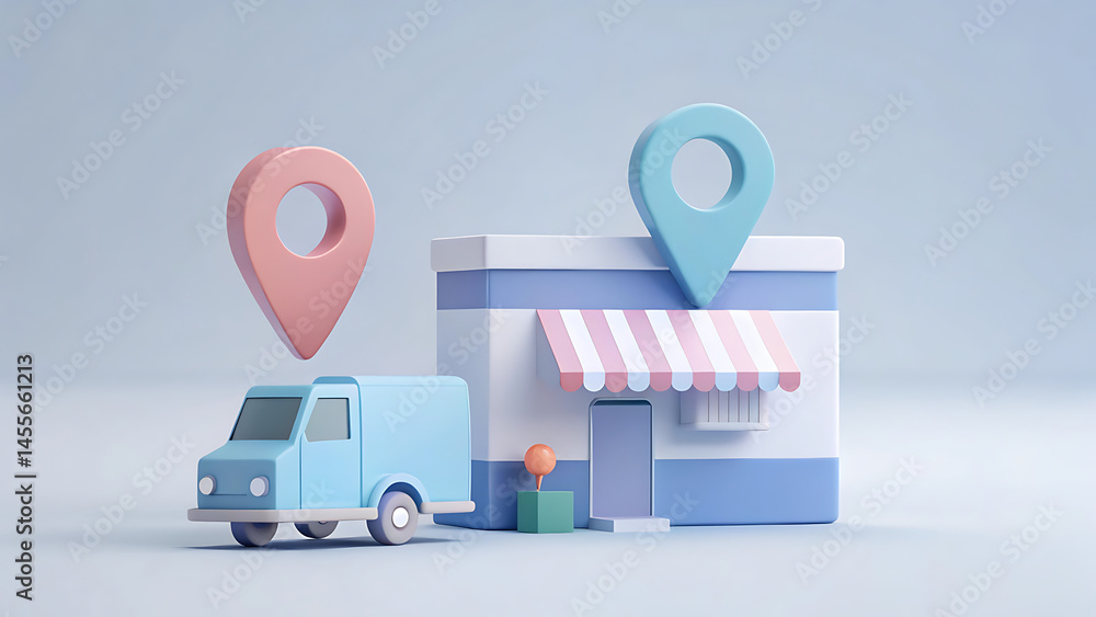 Poster illustration of a storefront with a location pin and map elements for local shopping