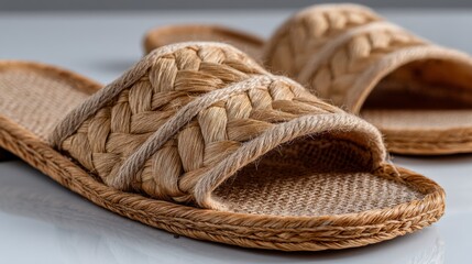 Obraz premium Single beige espadrille slipper is showcased with a close-up view against a seamless white backdrop, providing clear space for creative branding opportunities