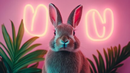 Obraz premium Modern Easter Bunny Setup with Glowing LED Lights and Vibrant Colors