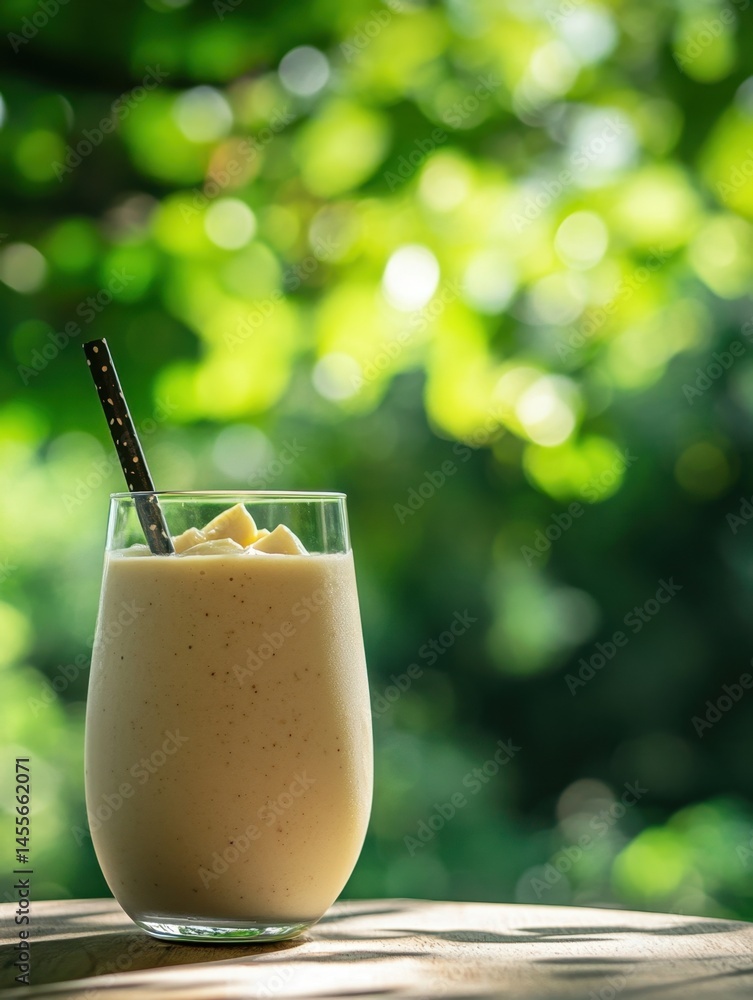 Poster refreshing mango smoothie on wooden table with bokeh green background in summer day