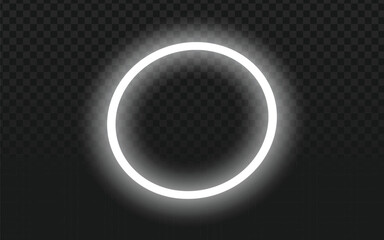 Simple vector graphic of a glowing white circle with a soft light effect. Abstract element perfect for highlights, digital design, futuristic themes, or as a subtle overlay. Transparent background.