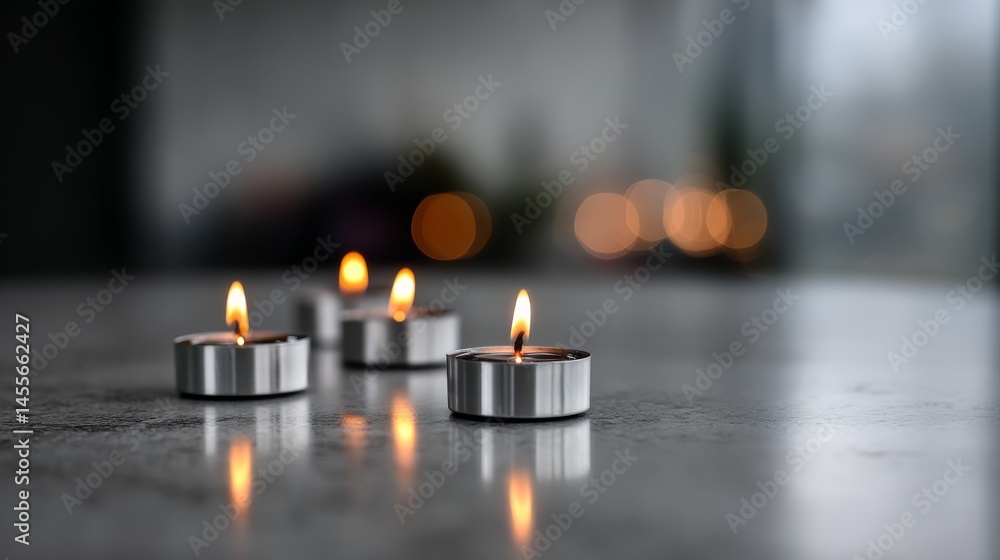 Poster A close-up view of multiple glowing tealights arranged on a shiny surface, enhanced by a shimmering silver bokeh backdrop, providing a serene ambiance