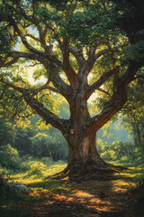 Obraz premium Majestic Oak Tree in a Sunlit Forest: A Testament to Nature's Timeless Beauty and Resilience