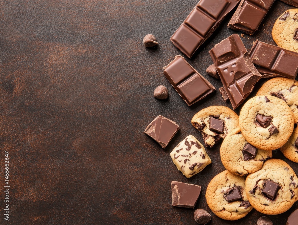 Poster delicious chocolate chip cookies and dark chocolate bars on a rustic brown background for sweet trea