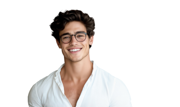 Smiling confident male model with dark hair wearing eyeglasses, isolated on transparent or white background