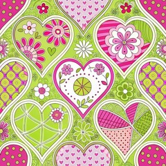 A vintage seamless floral pattern with cute pink hearts, leaves, and flowers for a retro spring design