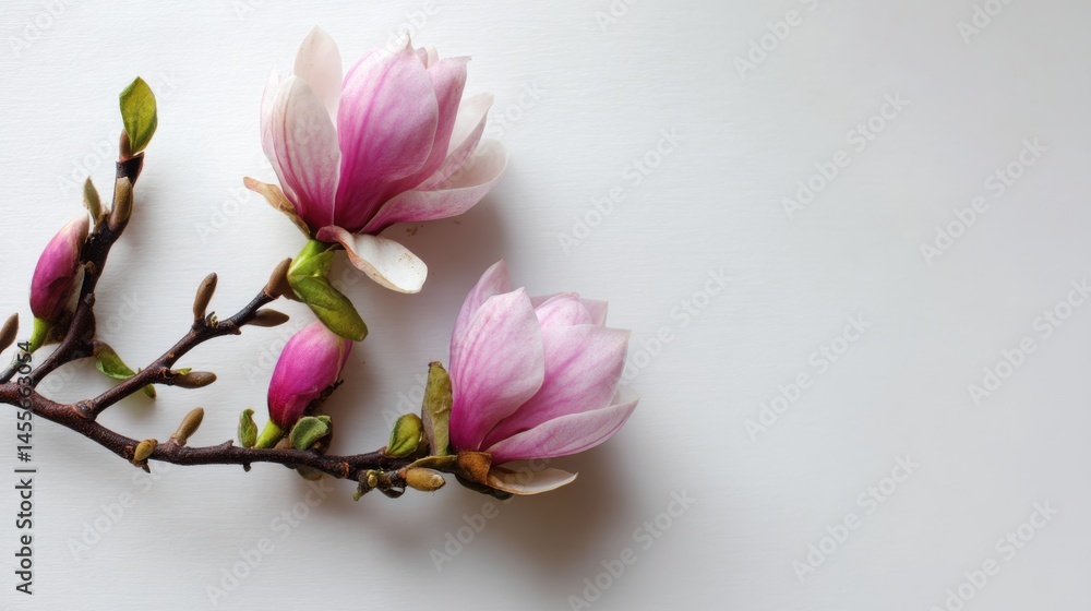 Aufkleber Close-up view of delicate magnolia flowers with soft pink petals displayed on a white canvas, creating an elegant and serene atmosphere with ample copy space
