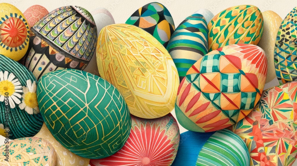 Aufkleber Close-up view of decorative spring eggs featuring vibrant geometric patterns displayed on a white background with generous copy space for text or design