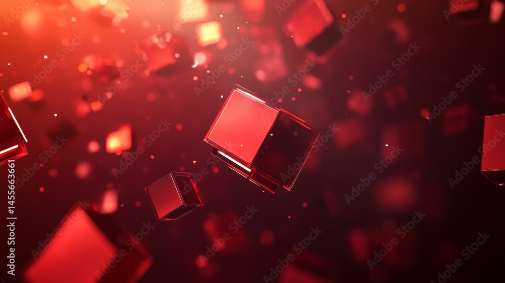 Poster vibrant red cubes floating in a dynamic 3d space, creating an eye-catching visual display during a d