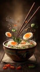 Delicious ramen bowl with floating ingredients.