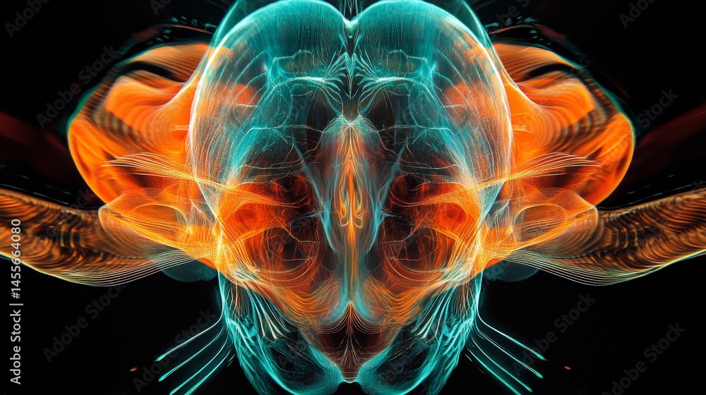 Poster dynamic digital abstraction with glowing elements in a dark, fluid environment showcasing intricate 