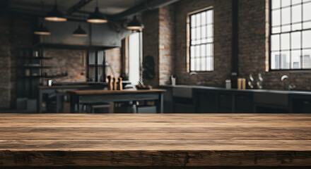 Fototapeta premium Weathered Wooden Table in Industrial Kitchen, Perfect for Artisanal Food Display