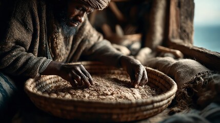 Traditional Craftsperson Sorting Grains in a Woven Basket Cultural Heritage Handmade Artisan