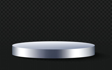 Realistic vector round silver podium or display stand. Empty 3D object perfect for showcasing products, emphasizing items, or adding a modern element to presentations. Isolated.
